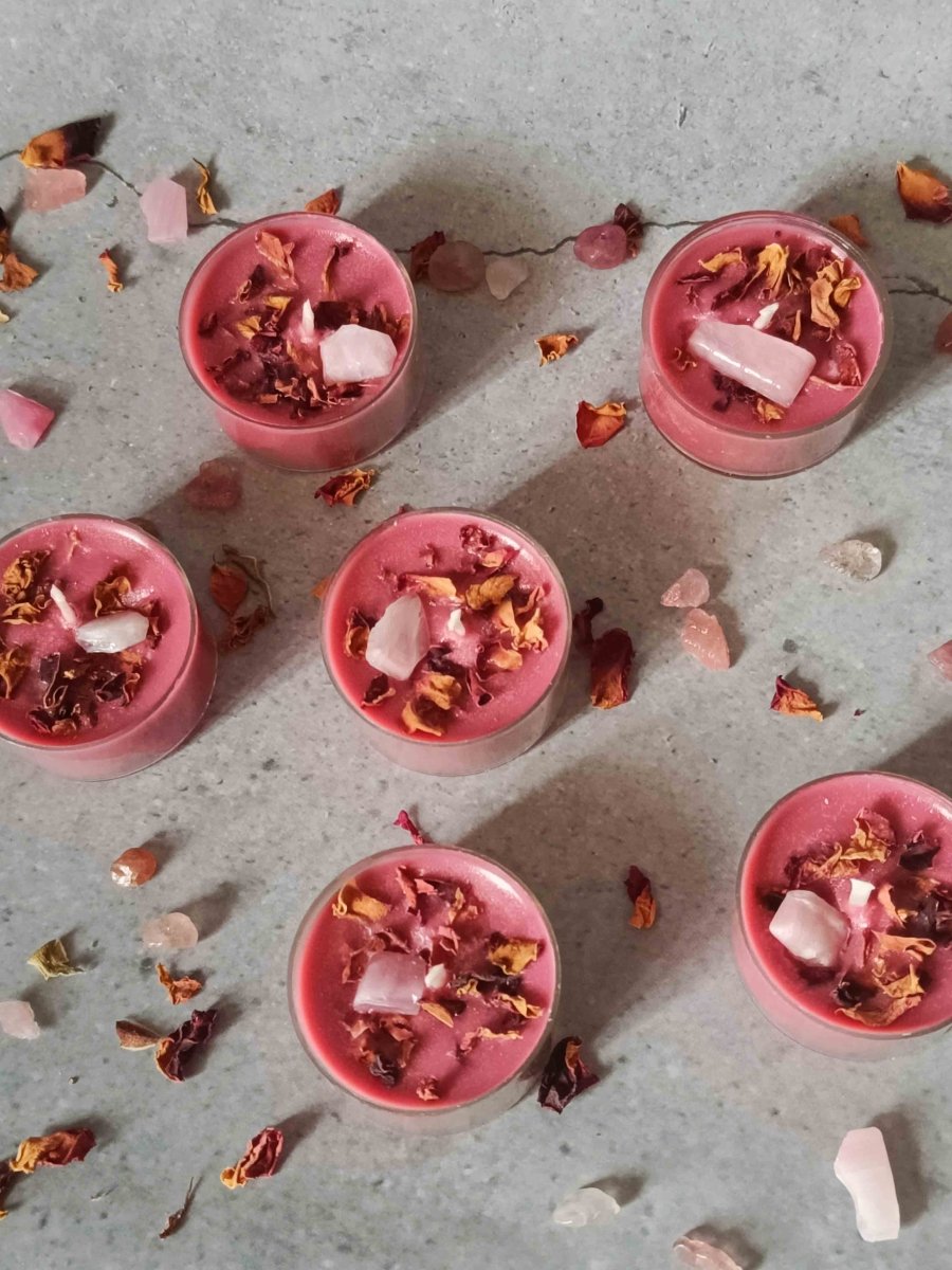 Rose Petals & Gold Foil Tealight - Set of 6 (Lavendar) – Candles & Fragrances by Rasa Home available on Brown Living™. Rose Quartz Tealight - Set Of 6 . SKU: TCS069_N. Img 5.