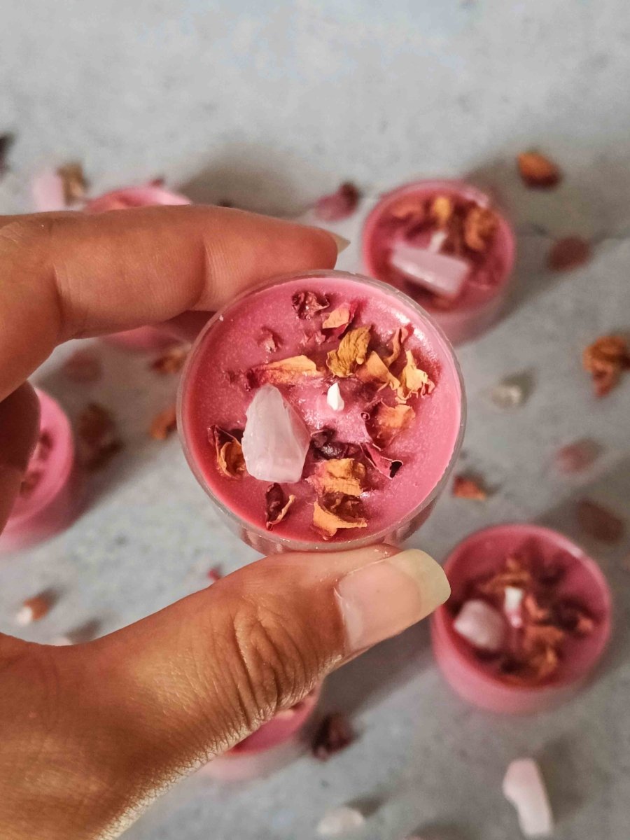 Rose Petals & Gold Foil Tealight - Set of 6 (Lavendar) – Candles & Fragrances by Rasa Home available on Brown Living™. Rose Quartz Tealight - Set Of 6 . SKU: TCS069_N. Img 4.