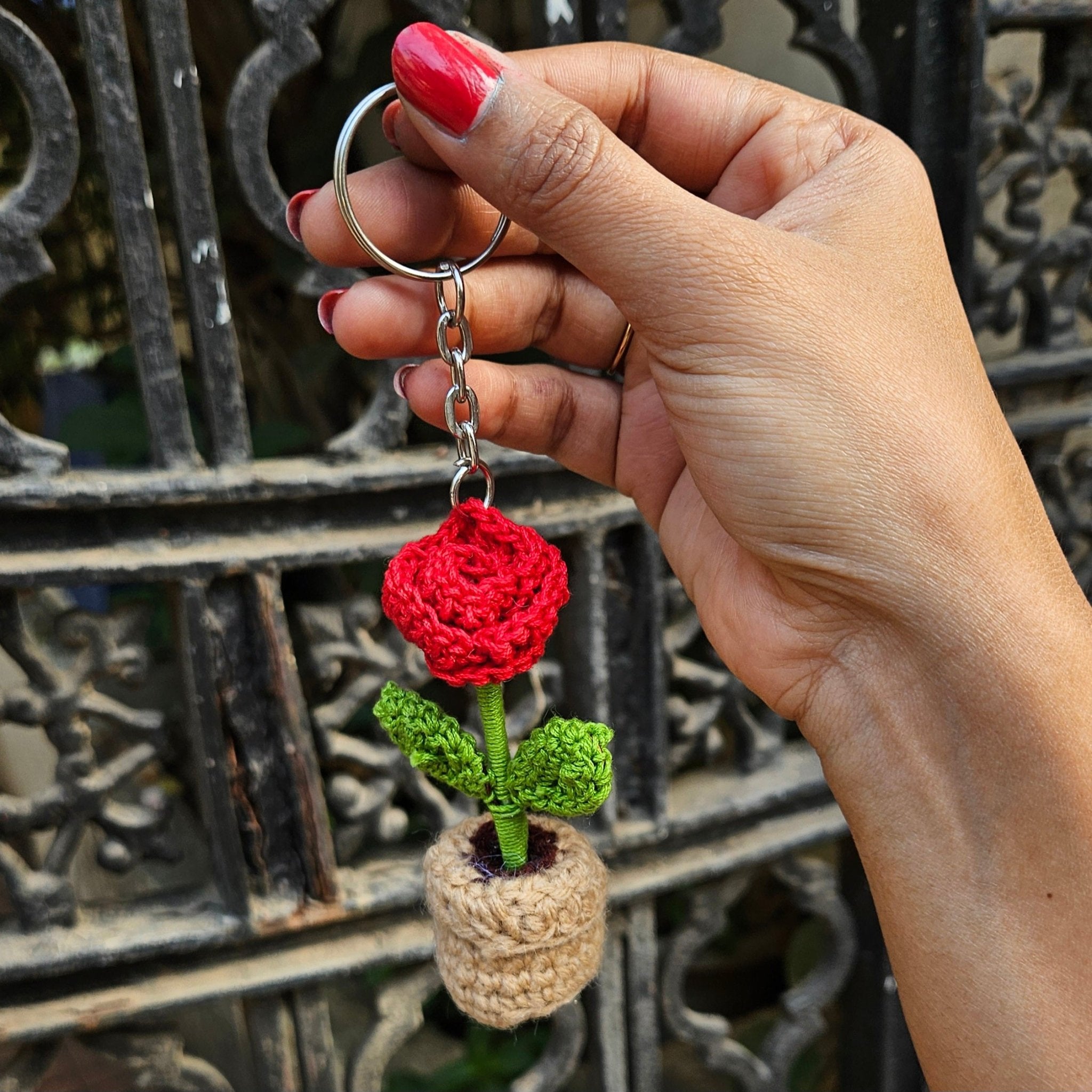 Rose Pot Keychain - Beautiful Handmade Crochet Accessory – Gift on Brown Living™. SKU: WTRPK1. Img 1.