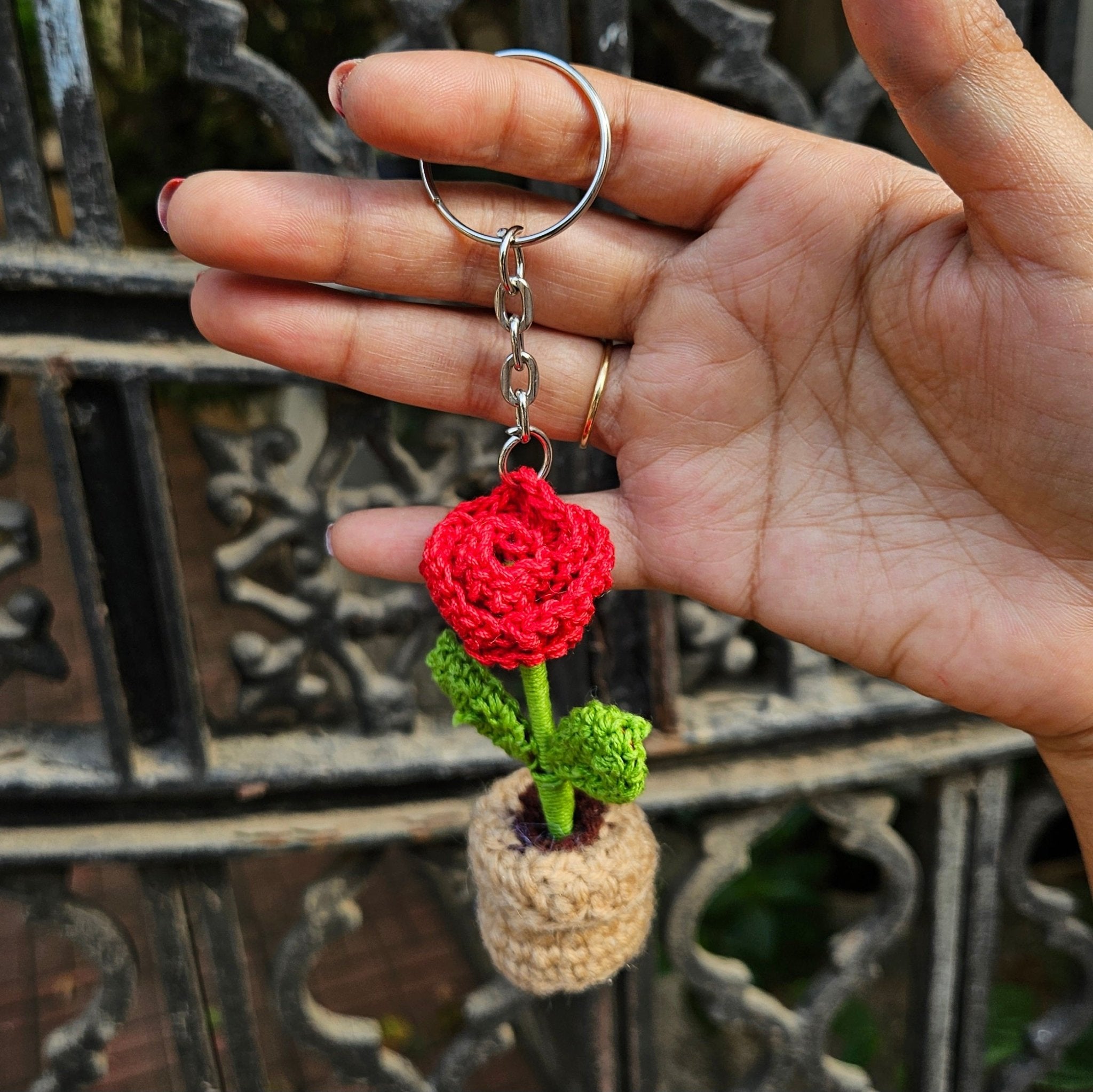 Rose Pot Keychain - Beautiful Handmade Crochet Accessory – Gift on Brown Living™. SKU: WTRPK1. Img 2.