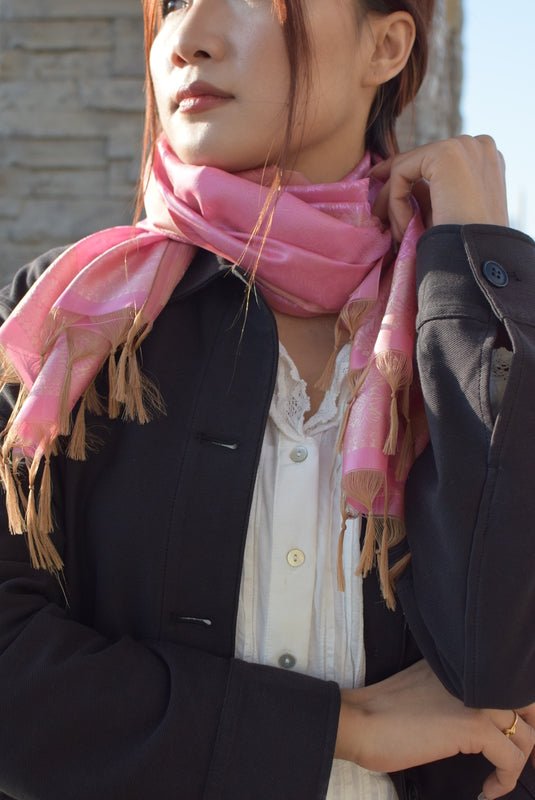 Rouge Silk Stole from Banaras | Handwoven Silk Stole – Womens Accessories on Brown Living™. SKU: EKL_04. Img 3.