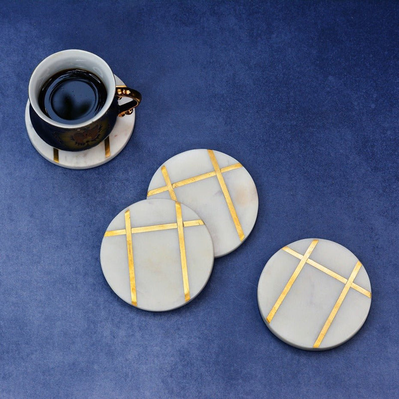 Round White Marble Inlay Coasters (Set of 4) | Verified Sustainable Coasters on Brown Living™