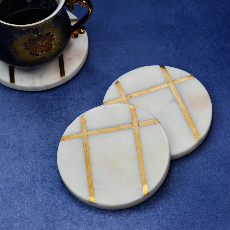 Round White Marble Inlay Coasters (Set of 4) | Verified Sustainable Coasters on Brown Living™