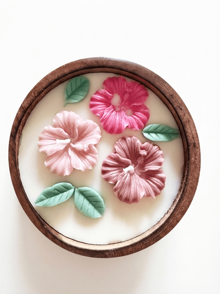 Round Wooden Hibiscus Urli Candle | Handcrafted Decorative Candle – Candles & Fragrances on Brown Living™. SKU: RWHU1006. Img 1.