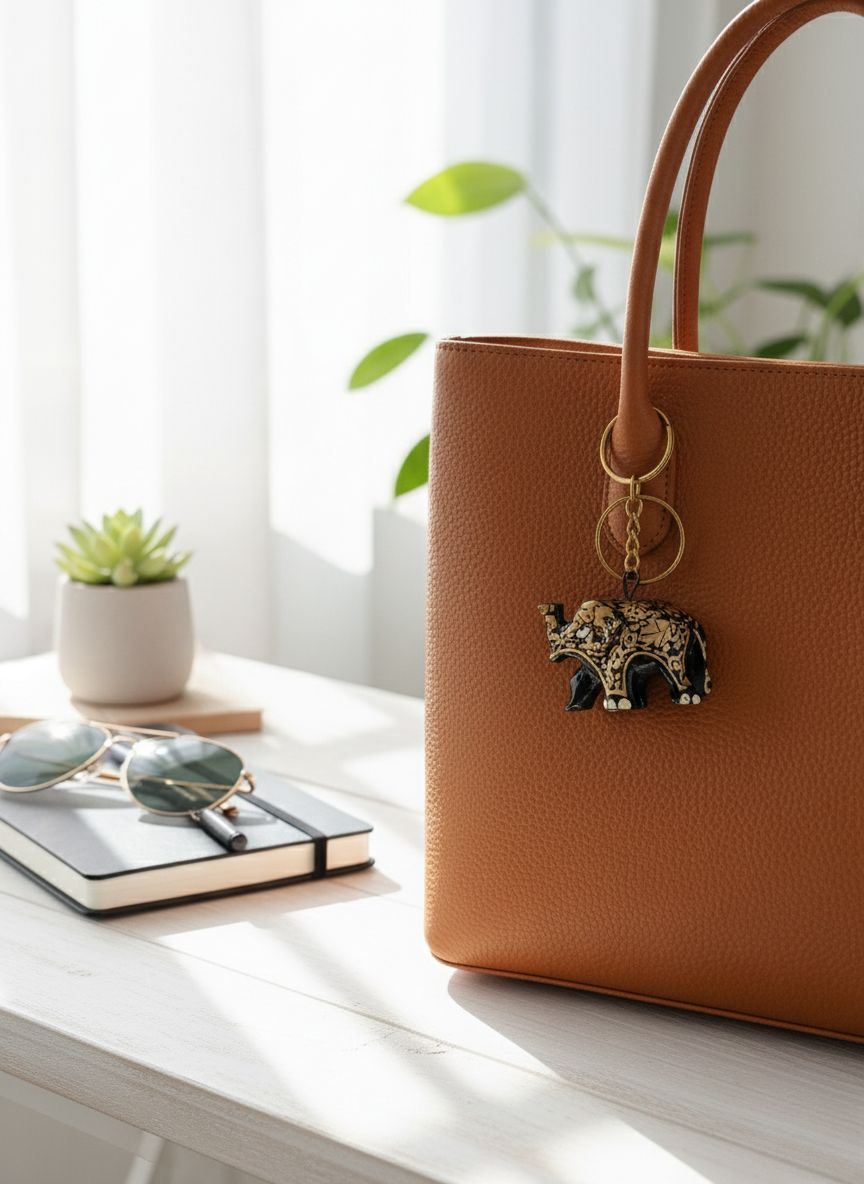 Royal Elephant Key Accessory - Handpainted Wooden Keychain – Stationary on Brown Living™. SKU: KPJKKCSMEPMC01. Img 1.