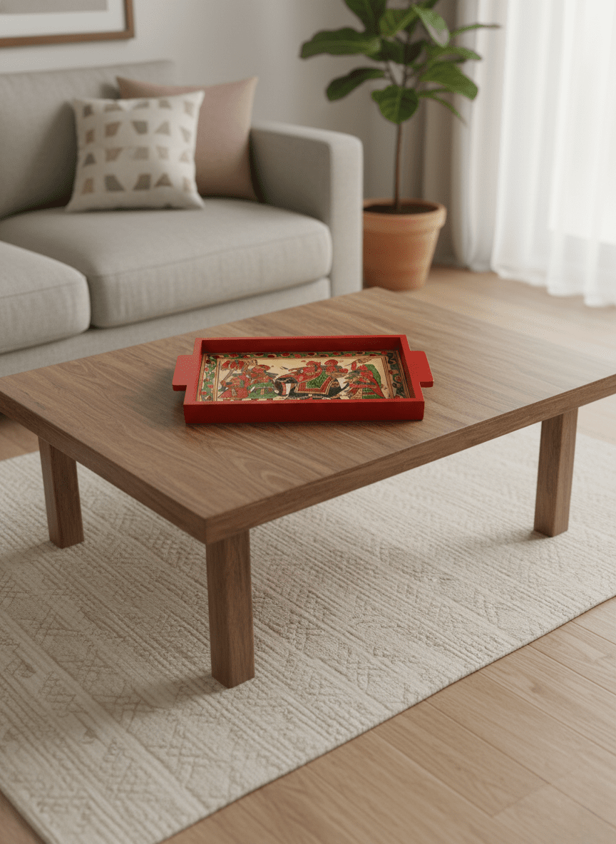 Royal Elephant Procession: Handcrafted Phad Art Wooden Tray – Trays & Platters on Brown Living™. SKU: PDAMRTMDMC01. Img 2.