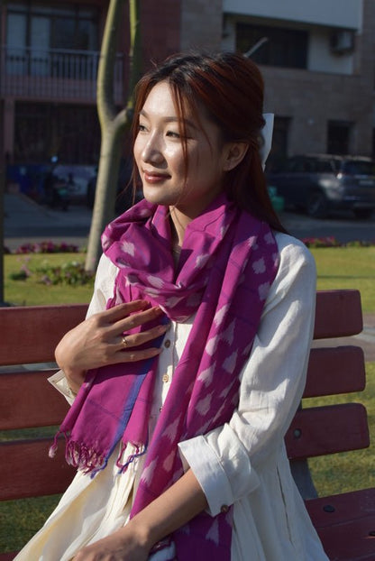 Roza Stole in Pochampalli Ikat | Handwoven Ikat Cotton Stole – Womens Scarf on Brown Living™. SKU: EKL_01. Img 2.