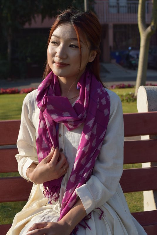 Roza Stole in Pochampalli Ikat | Handwoven Ikat Cotton Stole – Womens Scarf on Brown Living™. SKU: EKL_01. Img 1.