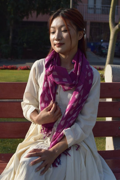 Roza Stole in Pochampalli Ikat | Handwoven Ikat Cotton Stole – Womens Scarf on Brown Living™. SKU: EKL_01. Img 4.