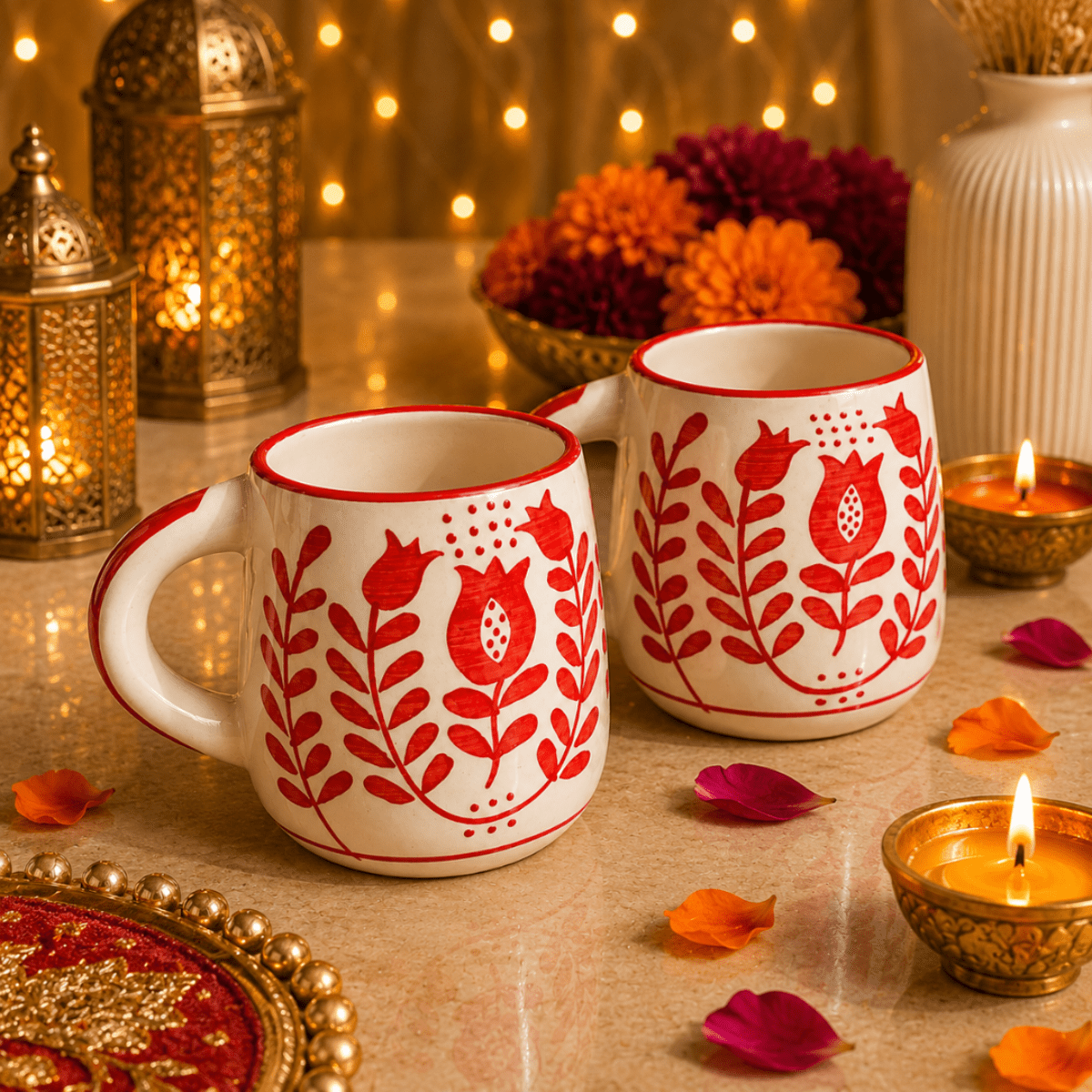 Ruby Heart Red Ceramic Mug Set of 2 | Diwali Festive Gift – Mugs on Brown Living™. SKU: D-454. Img 3.