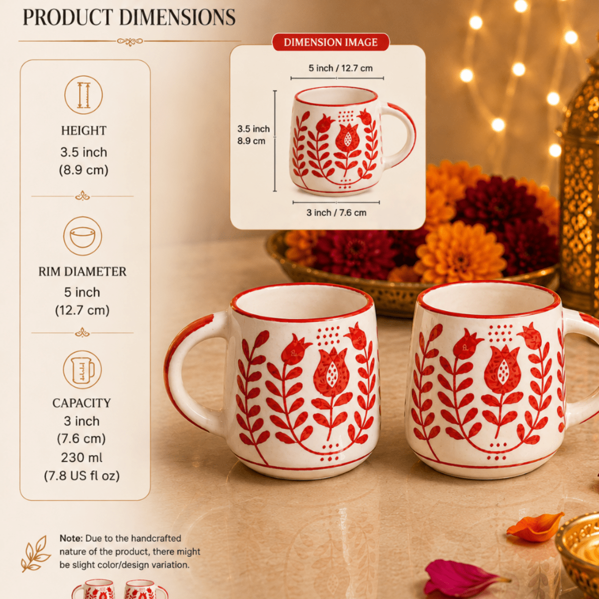 Ruby Heart Red Ceramic Mug Set of 2 | Diwali Festive Gift – Mugs on Brown Living™. SKU: D-454. Img 5.