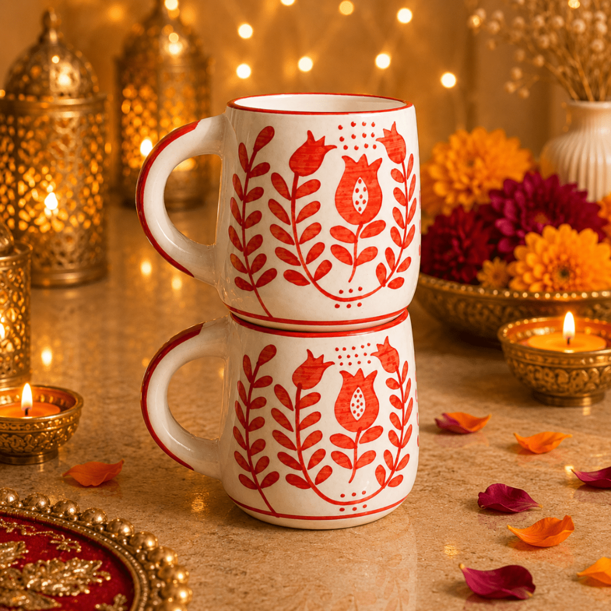 Ruby Heart Red Ceramic Mug Set of 2 | Diwali Festive Gift – Mugs on Brown Living™. SKU: D-454. Img 2.