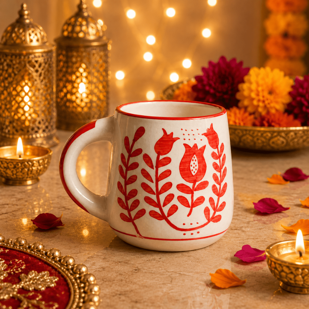 Ruby Heart Red Ceramic Mug Set of 2 | Diwali Festive Gift – Mugs on Brown Living™. SKU: D-454. Img 1.