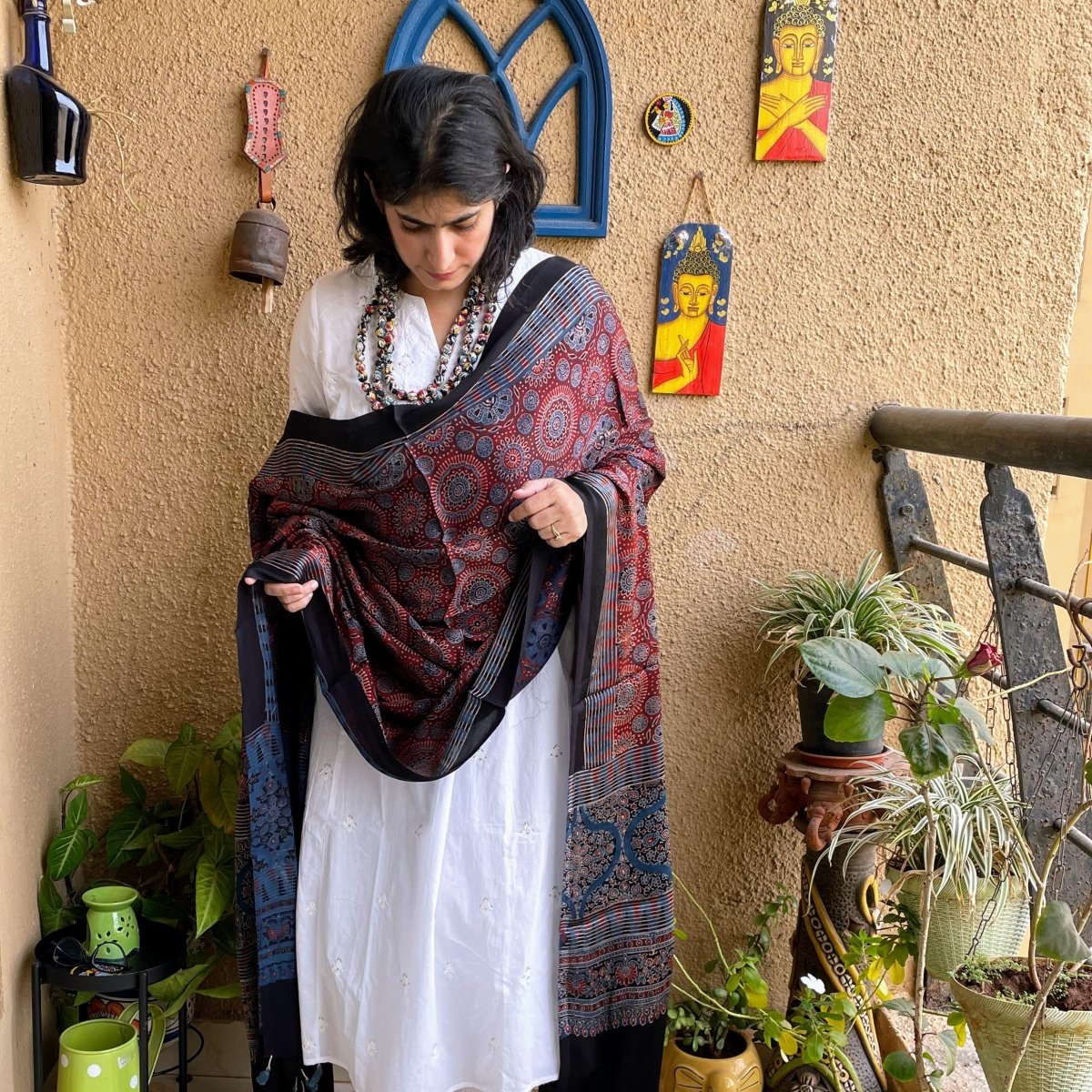 Rust Ajrakh silk dupatta – by Forsarees available on Brown Living™. . SKU: K737. Img 1.