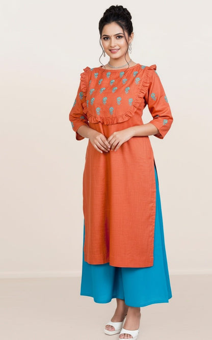 Rust Blossom Chikankari Kurta – Hand - Embroidered, Elegant Ethnic Wear – Womens Kurta on Brown Living™. SKU: K03021. Img 2.