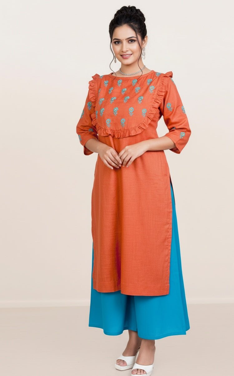 Rust Blossom Chikankari Kurta – Hand - Embroidered, Elegant Ethnic Wear – Womens Kurta on Brown Living™. SKU: K03021. Img 2.