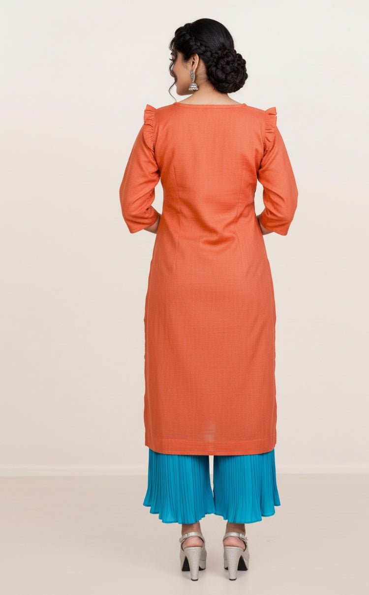 Rust Blossom Chikankari Kurta – Hand - Embroidered, Elegant Ethnic Wear – Womens Kurta on Brown Living™. SKU: K03021. Img 4.