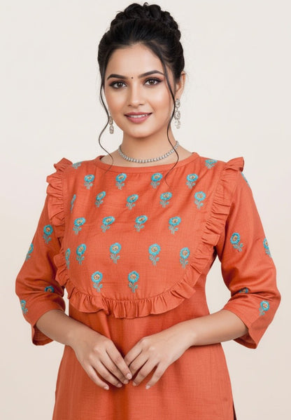 Rust Blossom Chikankari Kurta – Hand - Embroidered, Elegant Ethnic Wear – Womens Kurta on Brown Living™. SKU: K03021. Img 3.