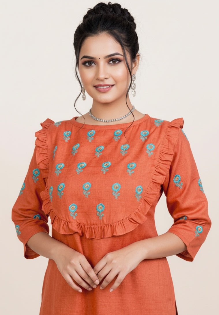 Rust Blossom Chikankari Kurta – Hand - Embroidered, Elegant Ethnic Wear – Womens Kurta on Brown Living™. SKU: K03021. Img 3.