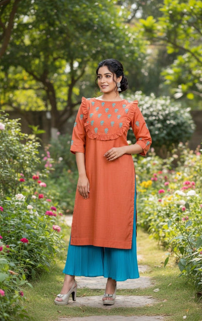 Rust Blossom Chikankari Kurta – Hand - Embroidered, Elegant Ethnic Wear – Womens Kurta on Brown Living™. SKU: K03021. Img 5.