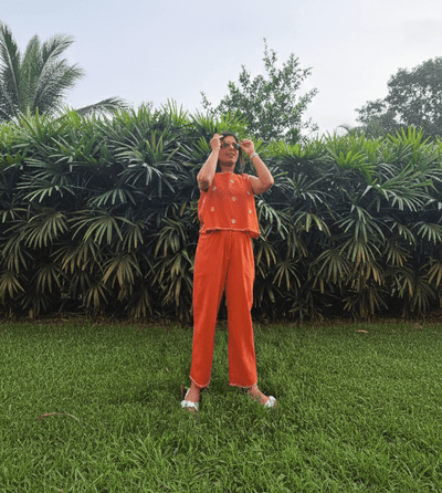 Rust Daisies Organic Cotton Naturally Dyed Coord Set – Womens Dress on Brown Living™. SKU: RDCS. Img 1.