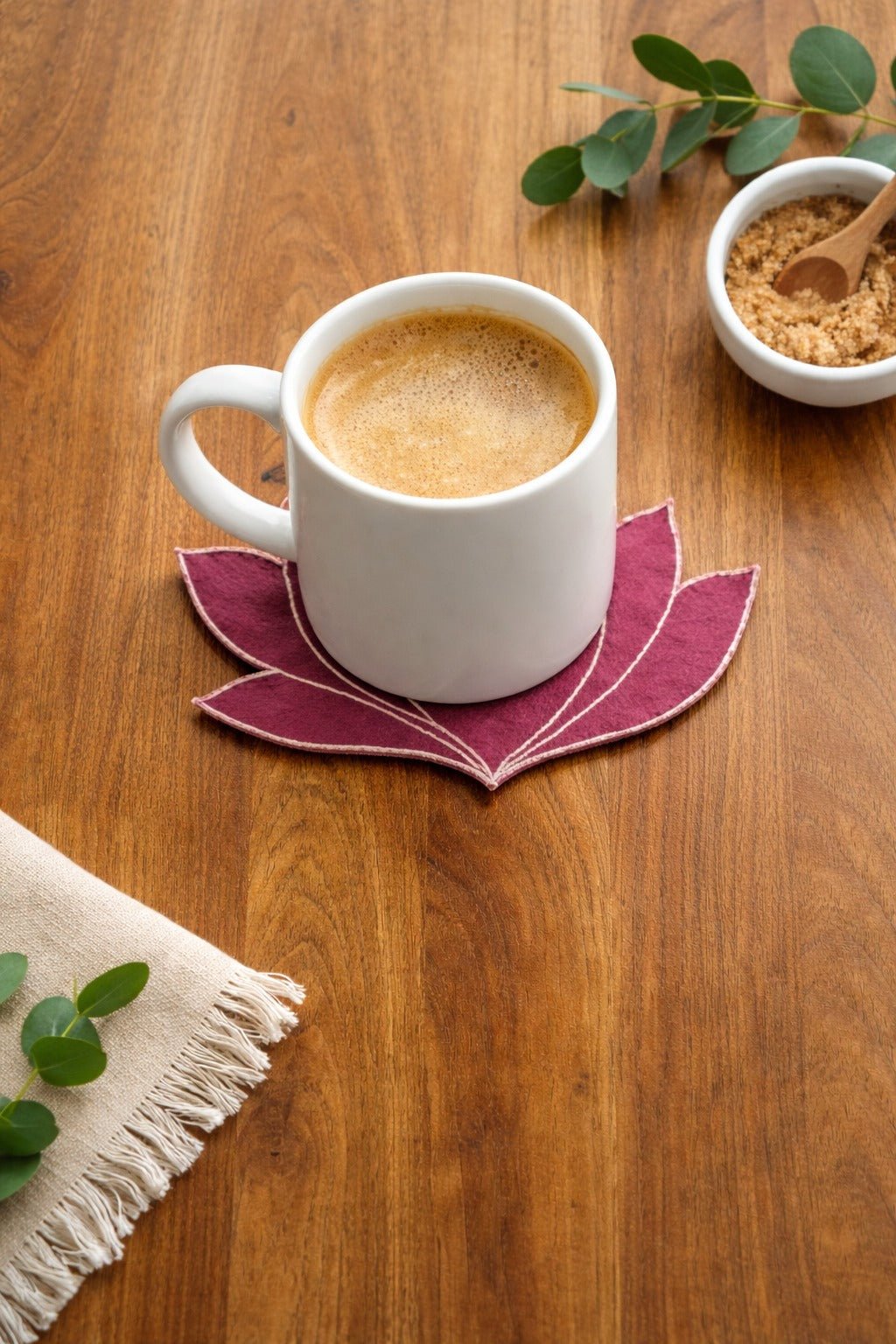 Rust Pink Lotus Fabric Coasters | Handcrafted Table Décor Set Of 4 – Coasters on Brown Living™. SKU: CA01. Img 1.