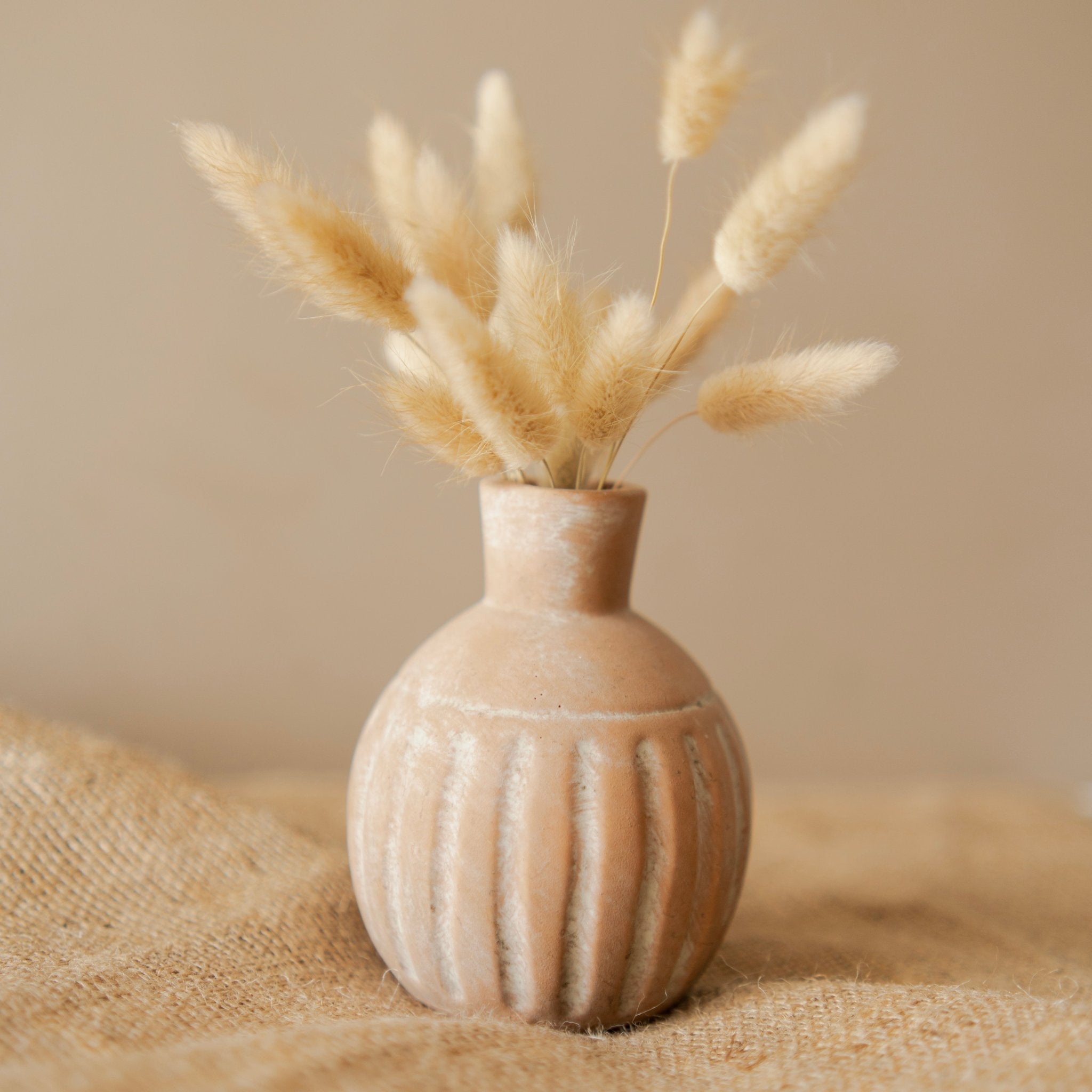 Rustic Ceramic Vase with Natural Bunny Tail Grass – Gift Hampers on Brown Living™. SKU: V-380. Img 2.