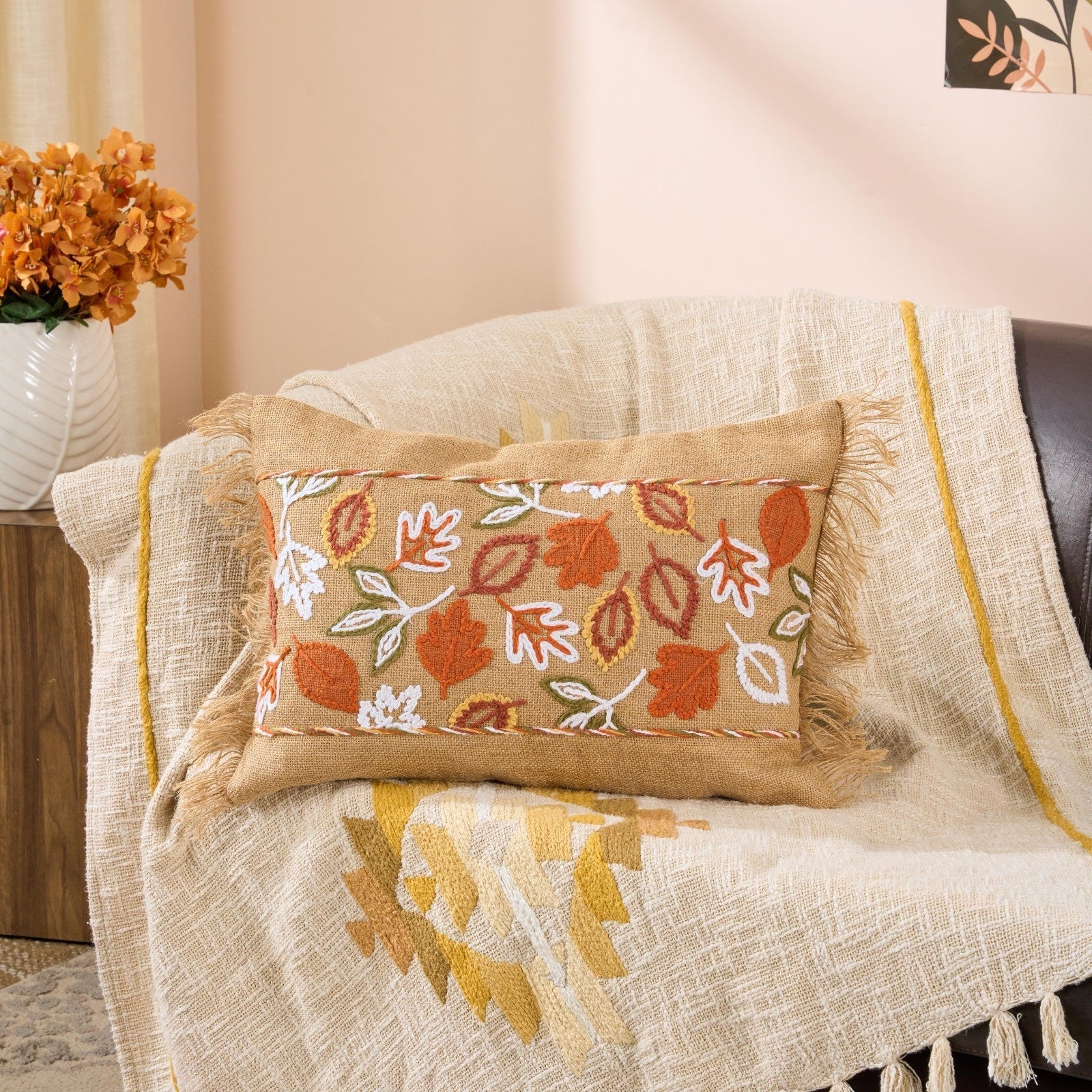 Rustic Petals Cotton Slub Cushion | Textured Decorative Cushion – Pillow on Brown Living™. SKU: TEE-25763. Img 1.