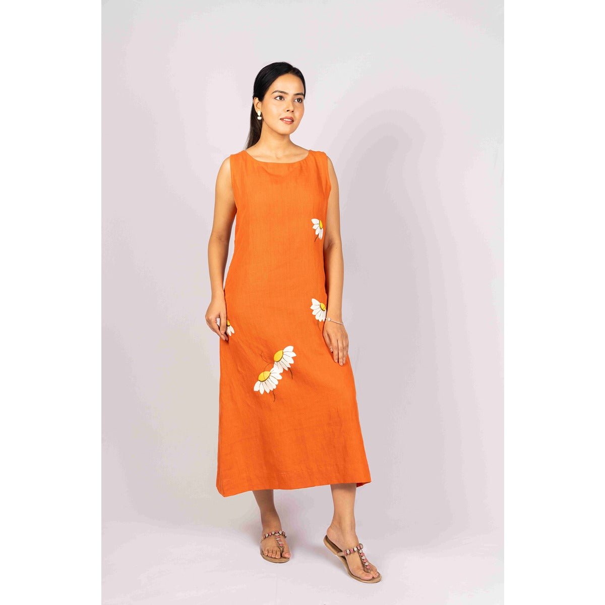 Saanjh - Burnt Orange Midi Handloom Linen Dress with Hand Painting – Womens Dress on Brown Living™. SKU: HD1001XSN. Img 1.