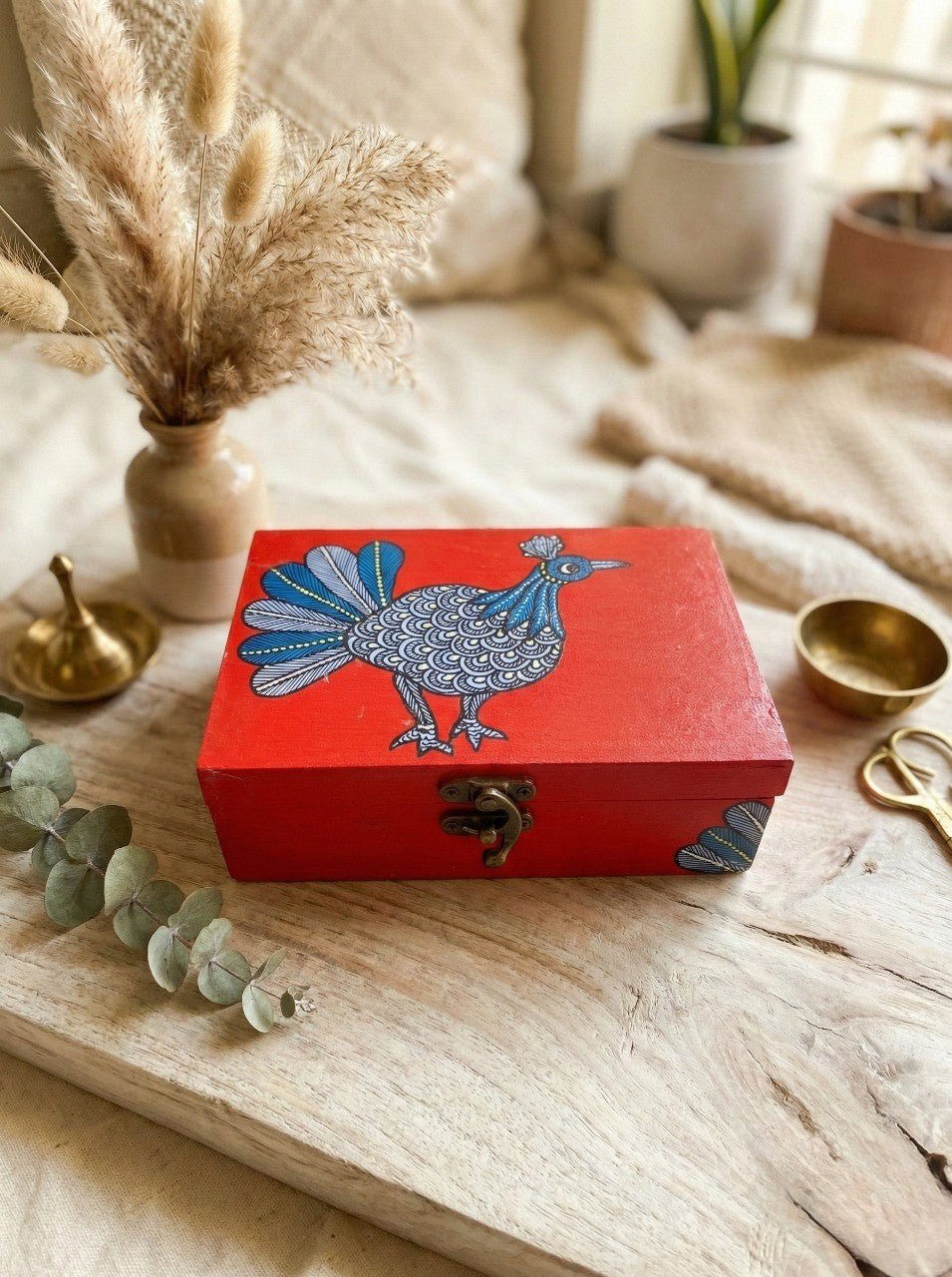 Sacred Bird Gond Art Utility Box | Handcrafted Decorative Storage – Home Decor on Brown Living™. SKU: GDBPSBMDMC02. Img 1.