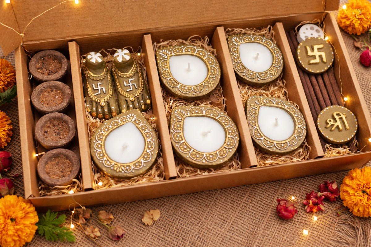 Sacred Glow Collection Sambrani Diya Incense Lakshmi Set – Gift Giving on Brown Living™. SKU: SN2596. Img 1.