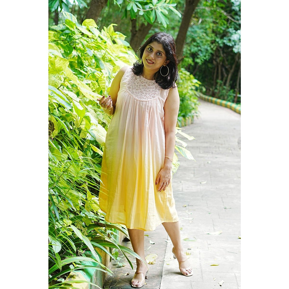 Sagarika Peach Yellow Ombre Dress with Zardozi Work for Women – Womens Dress on Brown Living™. SKU: HD1019XSN. Img 1.