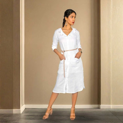 Saira White Formal Hemp Shirt Dress – Womens Dress on Brown Living™. SKU: JDS4007XS. Img 1.