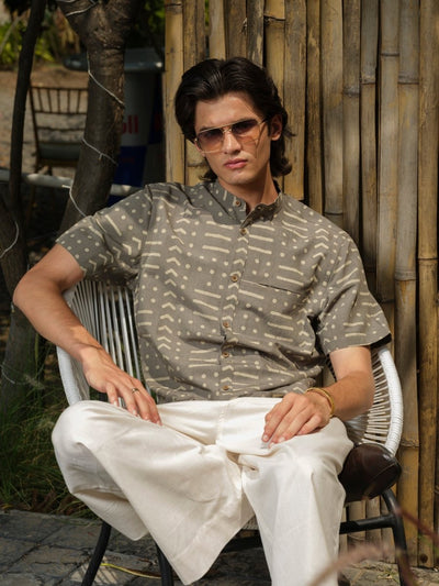 Sajjayen - Dabu Block Print Organic Cotton Bamboo Linen Shirt – Mens Shirt by Vasudhaa Vastrram available on Brown Living™. S . SKU: VBLHS6S001M5006. Img 3.