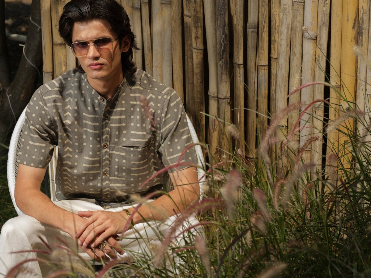 Sajjayen - Dabu Block Print Organic Cotton Bamboo Linen Shirt – Mens Shirt by Vasudhaa Vastrram available on Brown Living™. S . SKU: VBLHS6S001M5006. Img 4.