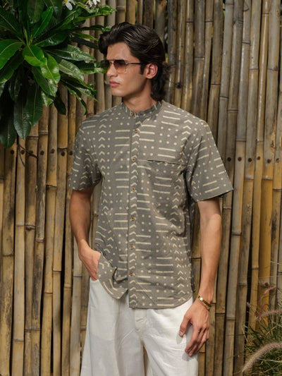 Sajjayen - Dabu Block Print Organic Cotton Bamboo Linen Shirt – Mens Shirt by Vasudhaa Vastrram available on Brown Living™. S . SKU: VBLHS6S001M5006. Img 2.