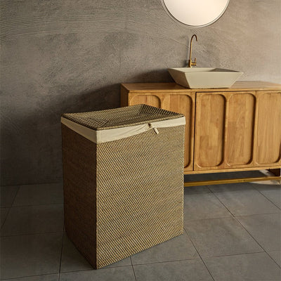 Samara Grey Rattan Basket with Lining – Handmade Storage – Home Decor on Brown Living™. SKU: SamaraBasketwithlining. Img 1.