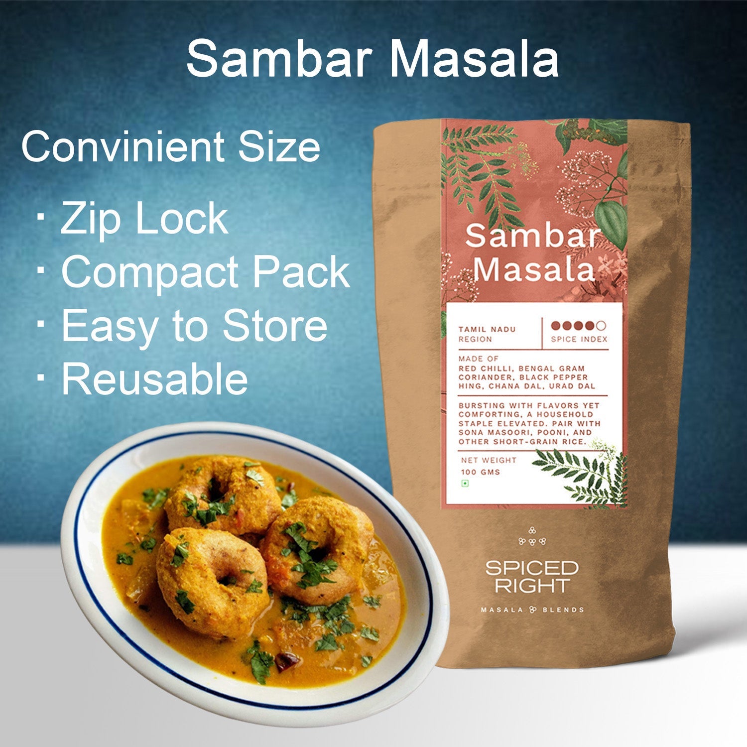 Sambar Masala - Authentic Tamil Nadu Blend, No Fillers – Seasonings & Spices on Brown Living™. SKU: SRSM. Img 3.