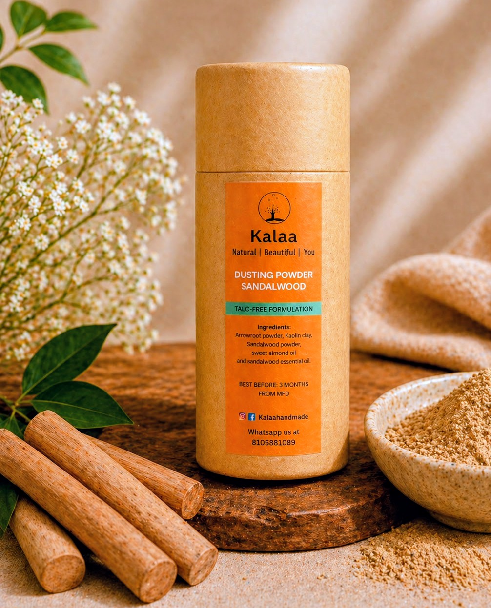 Sandalwood Dusting Powder Talc Free Body Powder 40gm – Body Powder on Brown Living™. SKU: SNDSPD. Img 1.