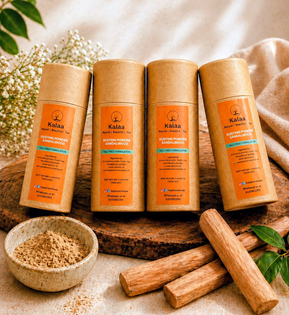 Sandalwood Dusting Powder Talc Free Body Powder 40gm – Body Powder on Brown Living™. SKU: SNDSPD. Img 2.