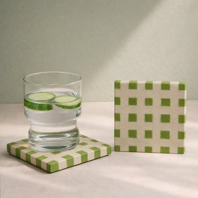 Sandstone Coaster Set Of 2 Checkered Natural Stone Drink Coasters – Coasters on Brown Living™. SKU: KOI-CO-BB-017_Green. Img 2.