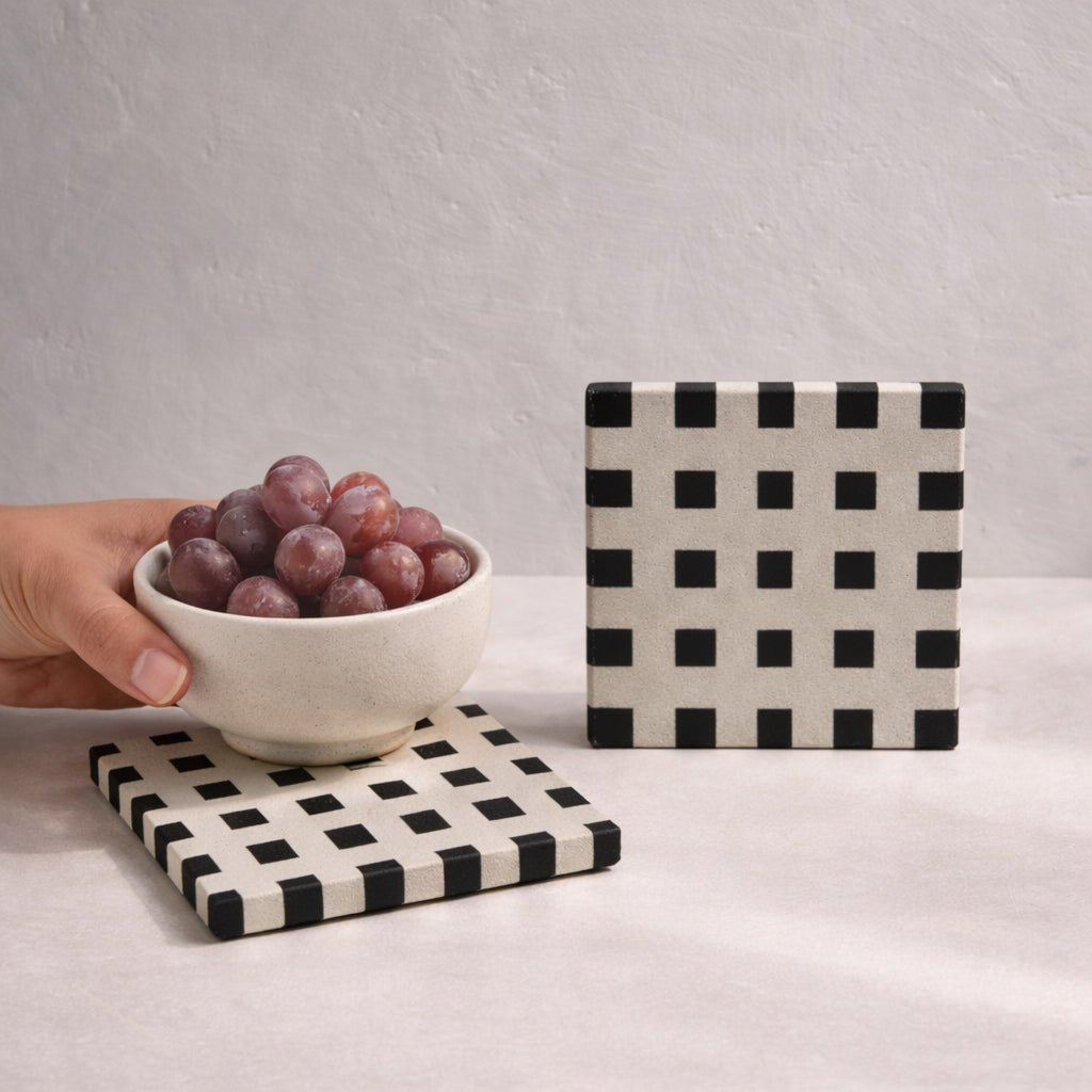 Sandstone Coaster Set Of 2 Checkered Natural Stone Drink Coasters – Coasters on Brown Living™. SKU: KOI-CO-BB-017. Img 5.