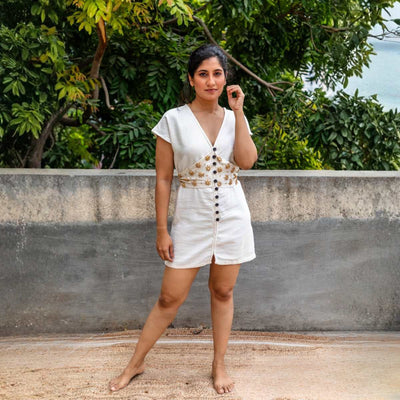 Sandstone Off - White Kala Cotton Corset Dress For Women – Womens Dress on Brown Living™. SKU: JDS5005XS. Img 1.