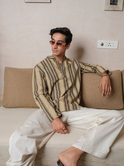 Sangatam - Ivory Black Block Print Kurta – Mens Kurta on Brown Living™. SKU: VBLKF6S001M5009. Img 1.