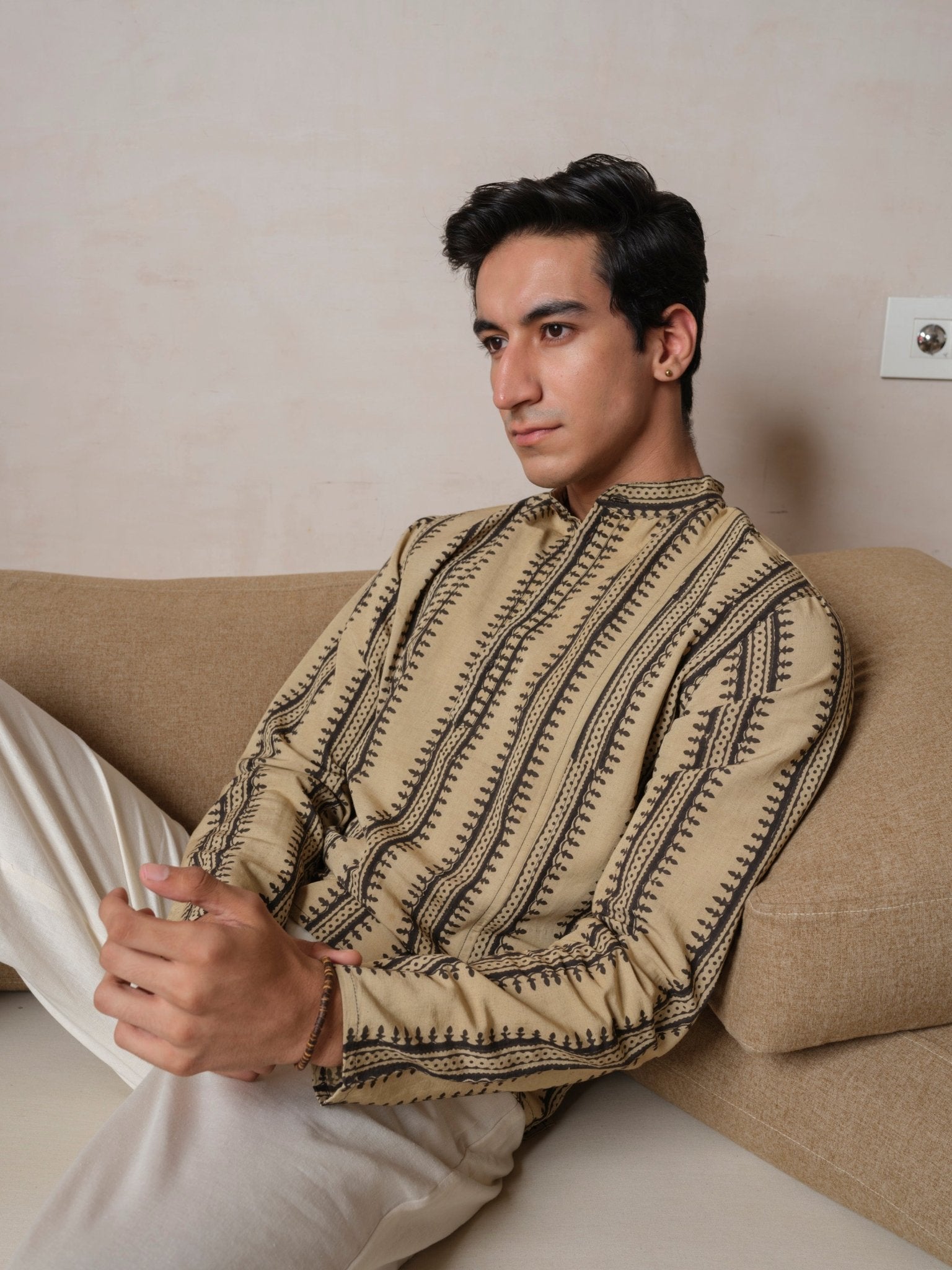 Sangatam - Ivory Black Block Print Kurta – Mens Kurta by Vasudhaa Vastrram available on Brown Living™. S . SKU: VBLKF6S001M5009. Img 3.