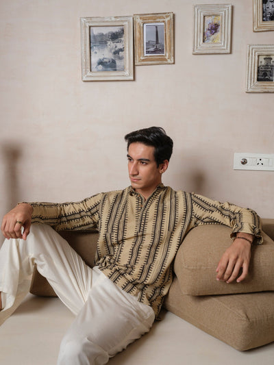 Sangatam - Ivory Black Block Print Kurta – Mens Kurta on Brown Living™. SKU: VBLKF6S001M5009. Img 2.