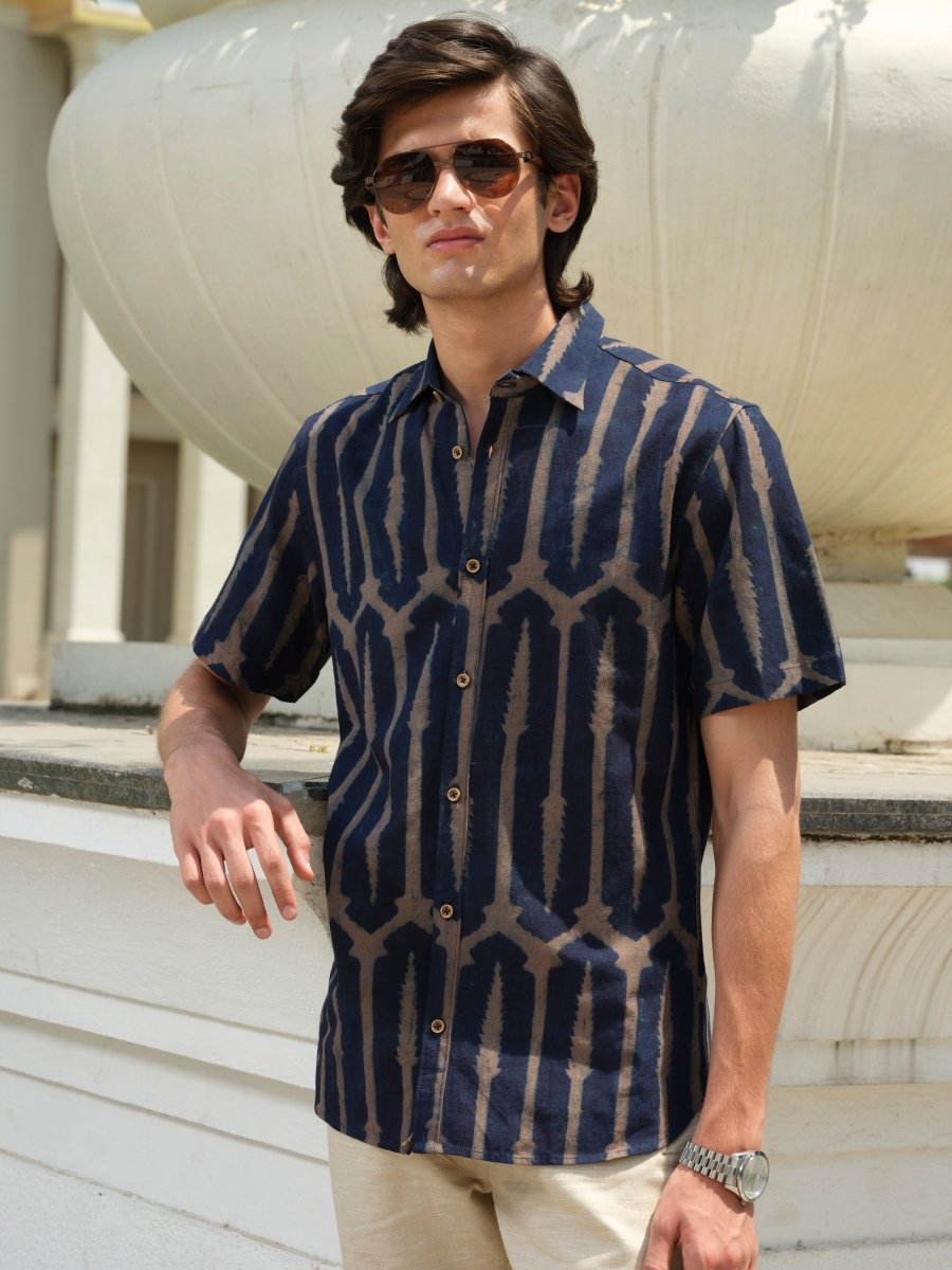 Sanmoh - Indigo Block Print Organic Shirt | Half Sleeve – Mens Shirt by Vasudhaa Vastrram available on Brown Living™. S . SKU: VBLHS6S001M5005. Img 3.