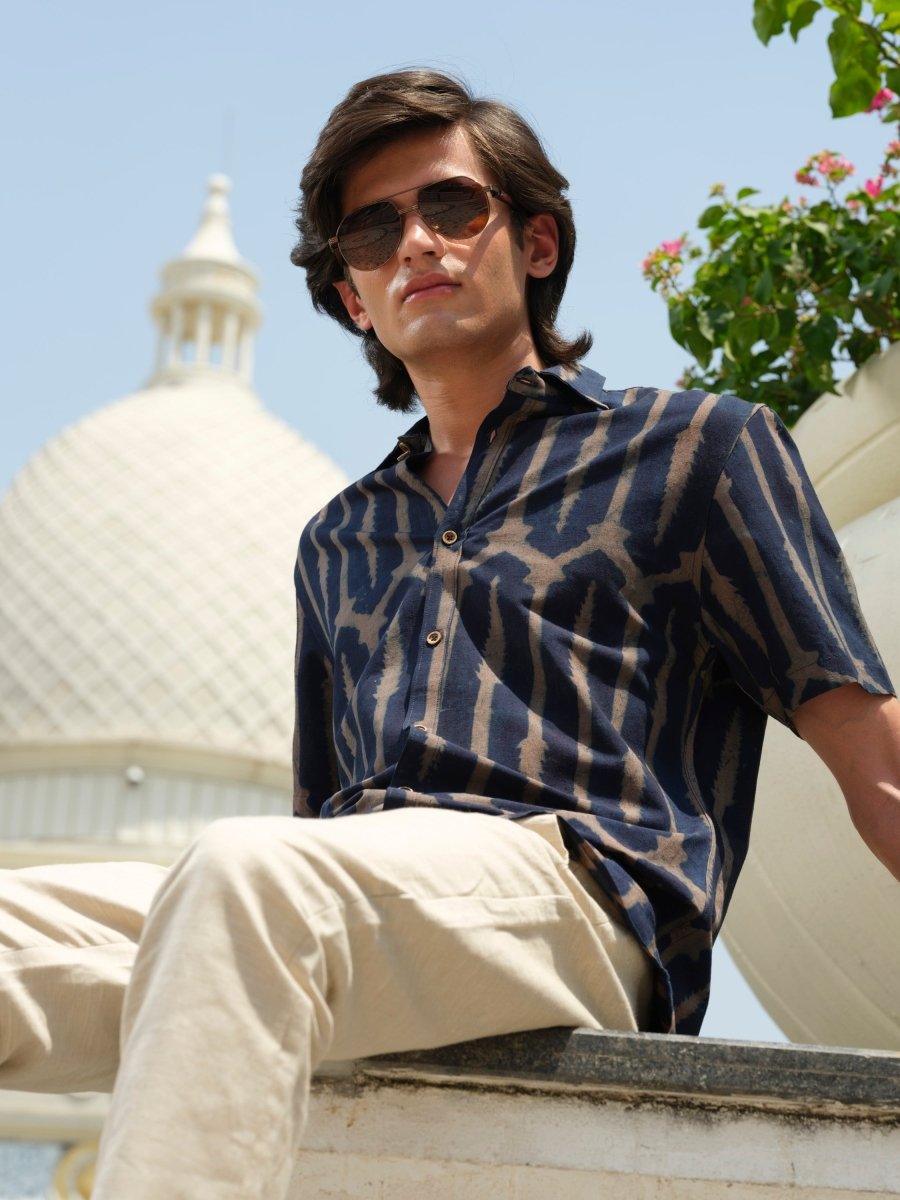 Sanmoh - Indigo Block Print Organic Shirt | Half Sleeve – Mens Shirt by Vasudhaa Vastrram available on Brown Living™. S . SKU: VBLHS6S001M5005. Img 4.