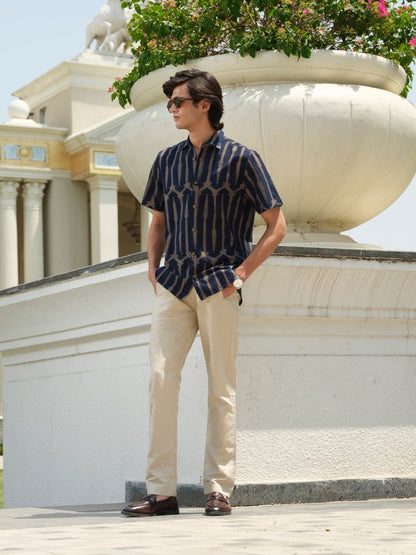 Sanmoh - Indigo Block Print Organic Shirt | Half Sleeve – Mens Shirt by Vasudhaa Vastrram available on Brown Living™. S . SKU: VBLHS6S001M5005. Img 2.