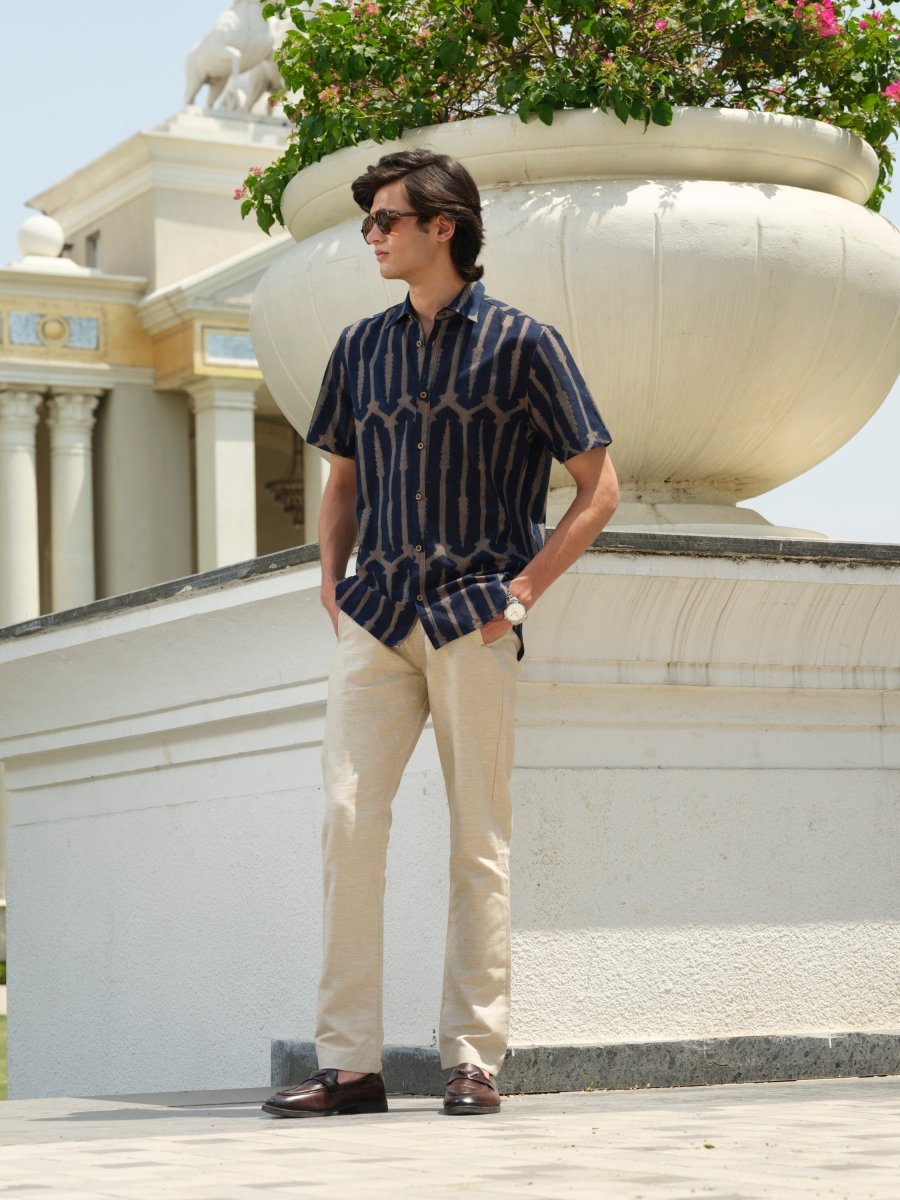 Sanmoh - Indigo Block Print Organic Shirt | Half Sleeve – Mens Shirt by Vasudhaa Vastrram available on Brown Living™. S . SKU: VBLHS6S001M5005. Img 2.